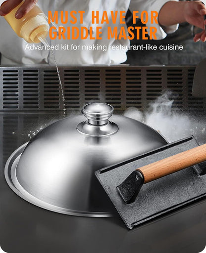 HOMENOTE Griddle Accessories for Blackstone, Commercial Grade 12 Inch Heavy Duty Melting Dome with Round Cast Iron Smash Burger Press Perfect for Flat Top Hibachi Grill Outdoor Indoor