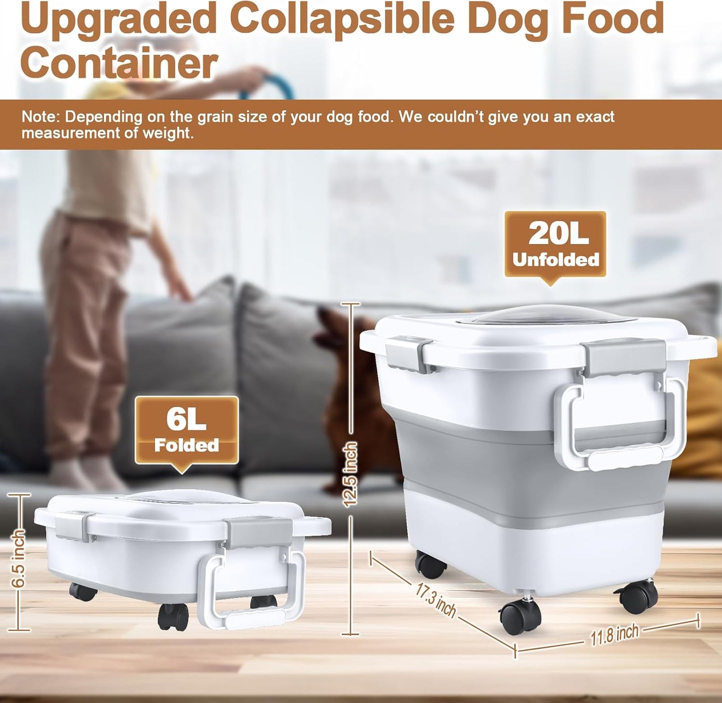 Dog Food Storage Container，10-25 lbs Airtight Collapsible Cat Food Storage Container with Attachable Wheels, Portable Handle, Dog Food Scoop for Dog Cat Bird Pet Dry Food Storage Bin Light Grey