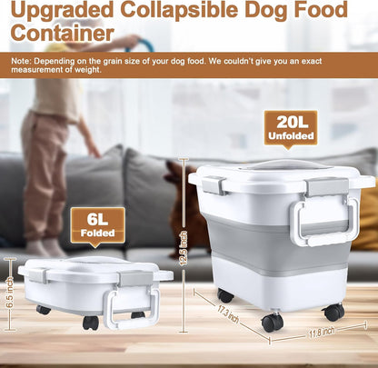 Dog Food Storage Container，10-25 lbs Airtight Collapsible Cat Food Storage Container with Attachable Wheels, Portable Handle, Dog Food Scoop for Dog Cat Bird Pet Dry Food Storage Bin Light Grey