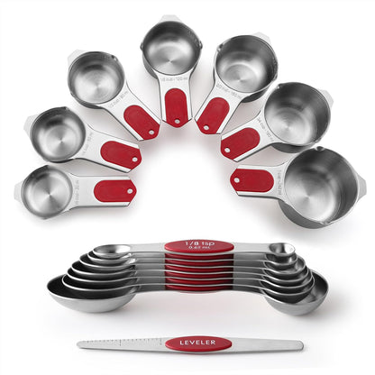 Spring Chef Magnetic Measuring Cups & Spoons Set, Patented, Strong N45 Magnets, Heavy Duty Stainless Steel Fits in Spice Jars for Baking & Cooking, BPA Free, Round Set of 15 with Leveler, Black