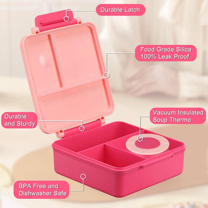 Itslife Bento Lunch Box for Kids with 8oz Soup Thermo&Lunch Bag, Leak-Proof Lunch Food Containers with 4 Compartment, Hot Food Insulated Food Jar for Kids School (Green)