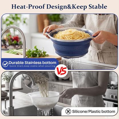 Collapsible Colander Set with Silicone Mat,2-in-1 Stainless Steel Colander for Kitchen, Foldable Metal Colander, Space-Saving for Pasta Veggies Fruit(NAVY BLUE)