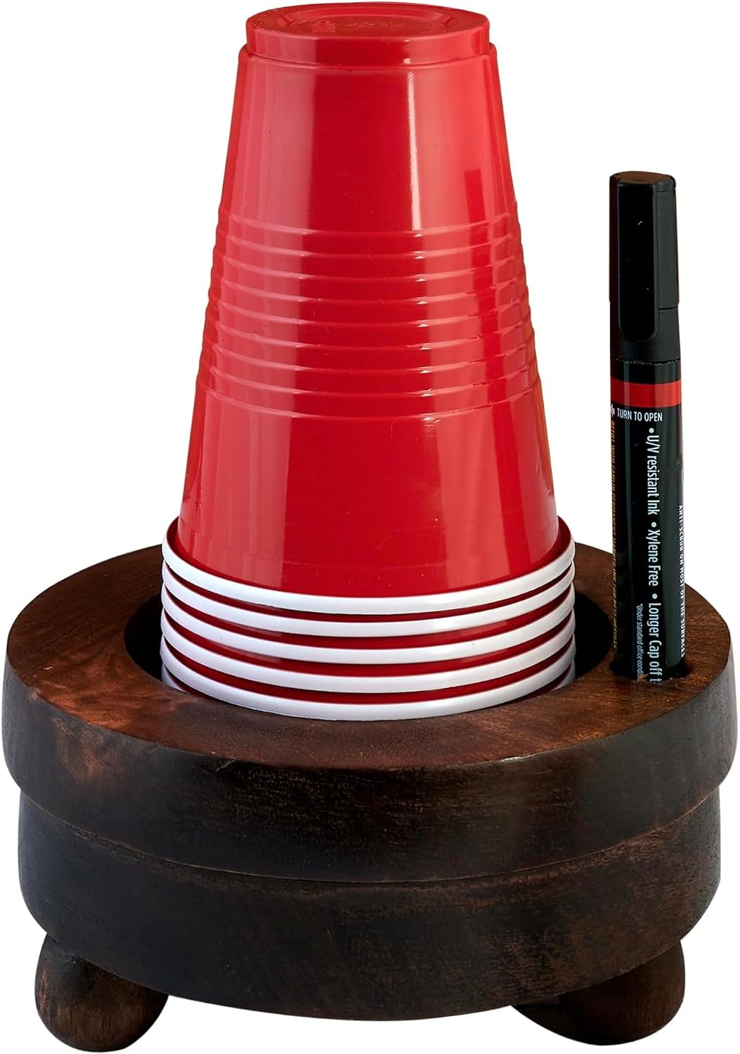 Wooden Party Cup Holder with Marker Slot, Disposable Solo Cup Holder Dispenser for Kitchen Bathroom- Paper Cup Drink up Organiser Rustic Finish 6" x 6" x 3" Inches Gifts Ideas