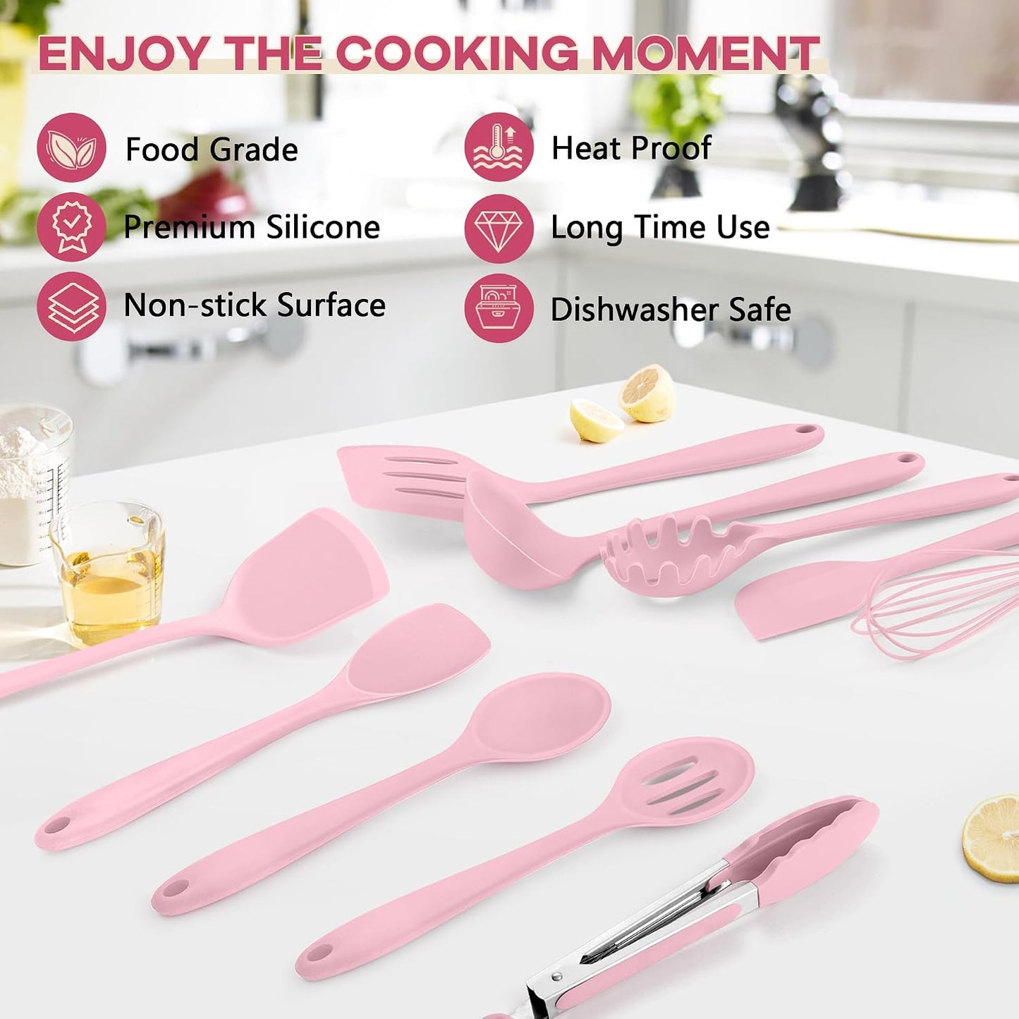 TeamFar Silicone Cooking Utensils, 10 pcs Kitchen Cooking Utensils Set, 446°F Heat Resistant Kitchen Gadgets Tools Set w/Spatula, Turners, Spoons, Soup Ladle, Pasta Server for Nonstick Cookware, Black