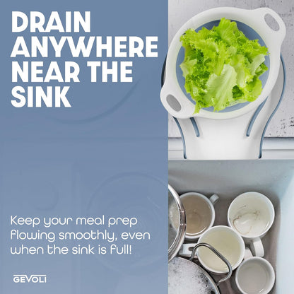 Gevoli 3-Pack Collapsible Colanders with Self-Draining Base, Over Sink-edge Silicone Food Strainers, Small/Med/Large Sizes, Nesting for Easy Compact Storage (3Qt, 4Qt, 5-Quart Set) Green/Gray