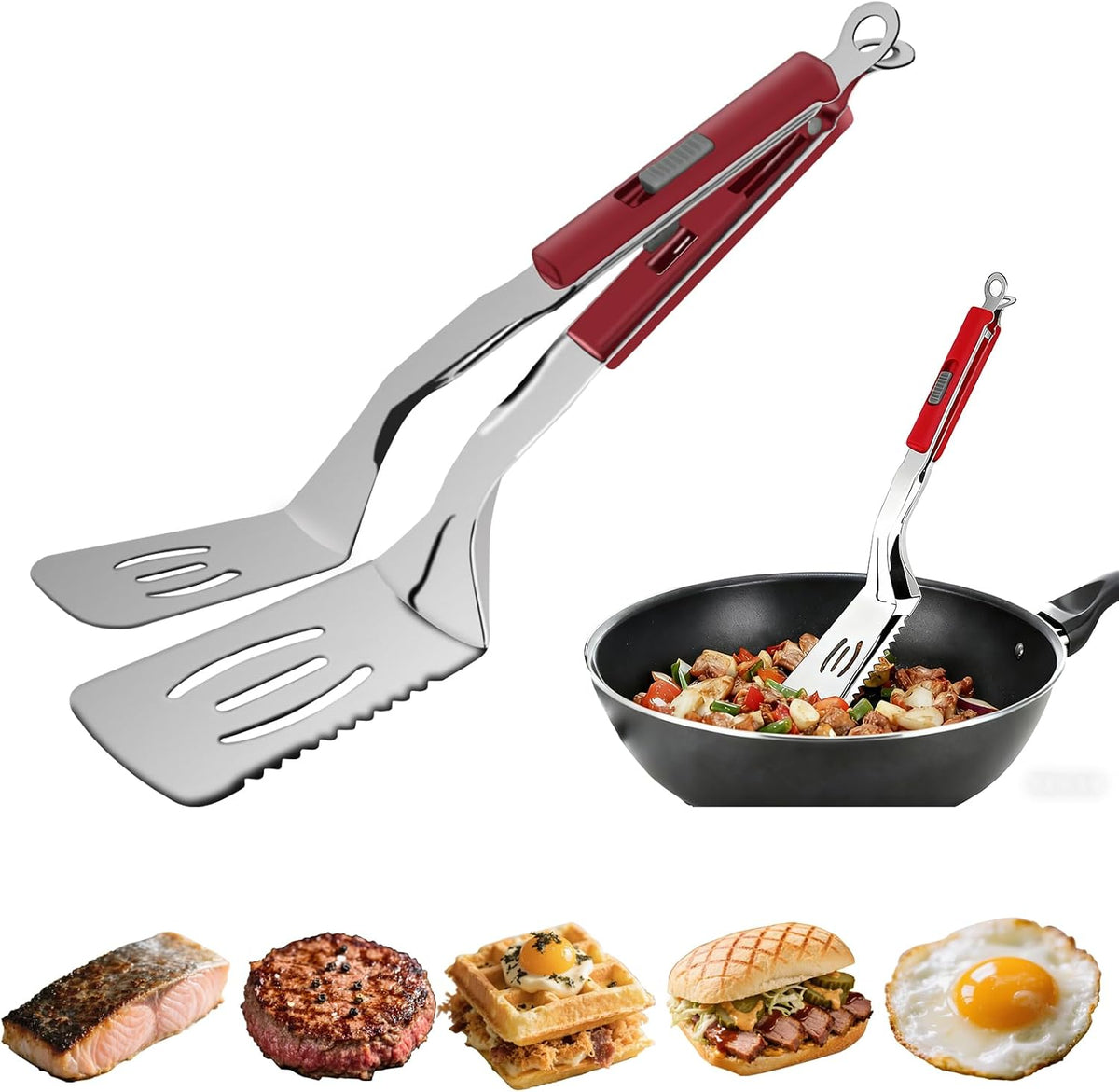 13.5-inch Stainless Steel Tongs for Cooking – Versatile Metal Spatula Tongs for Flipping, Picking Up, Cutting, and Stir-Frying Meats and Other Foods. Kitchen Tongs Durable and Multifunctional.(White)