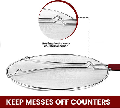13" Grease Splatter Screen for Cooking | Stainless Steel Oil Splatter Guard and Ultra-Fine Mesh Protects Skin from Burns | TPR Tight-Grip Handle (Black)