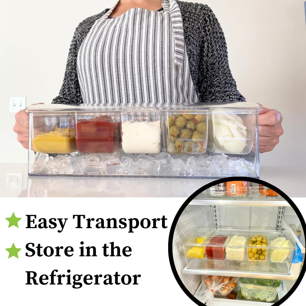 Evelots Ice Chilled 5 Compartment Condiment Server Caddy with Hinged Lid | Plastic Garnish Serving Tray Container | Perfect for BBQs & Parties