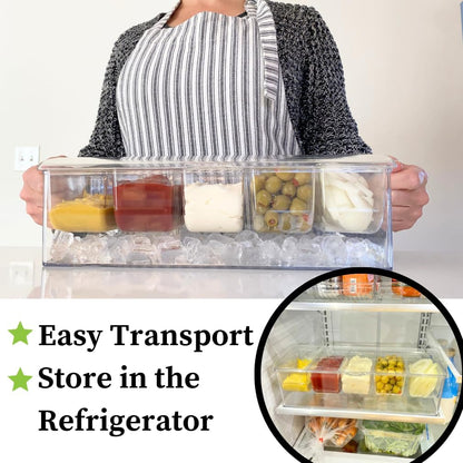 Evelots Ice Chilled 5 Compartment Condiment Server Caddy with Hinged Lid | Plastic Garnish Serving Tray Container | Perfect for BBQs & Parties
