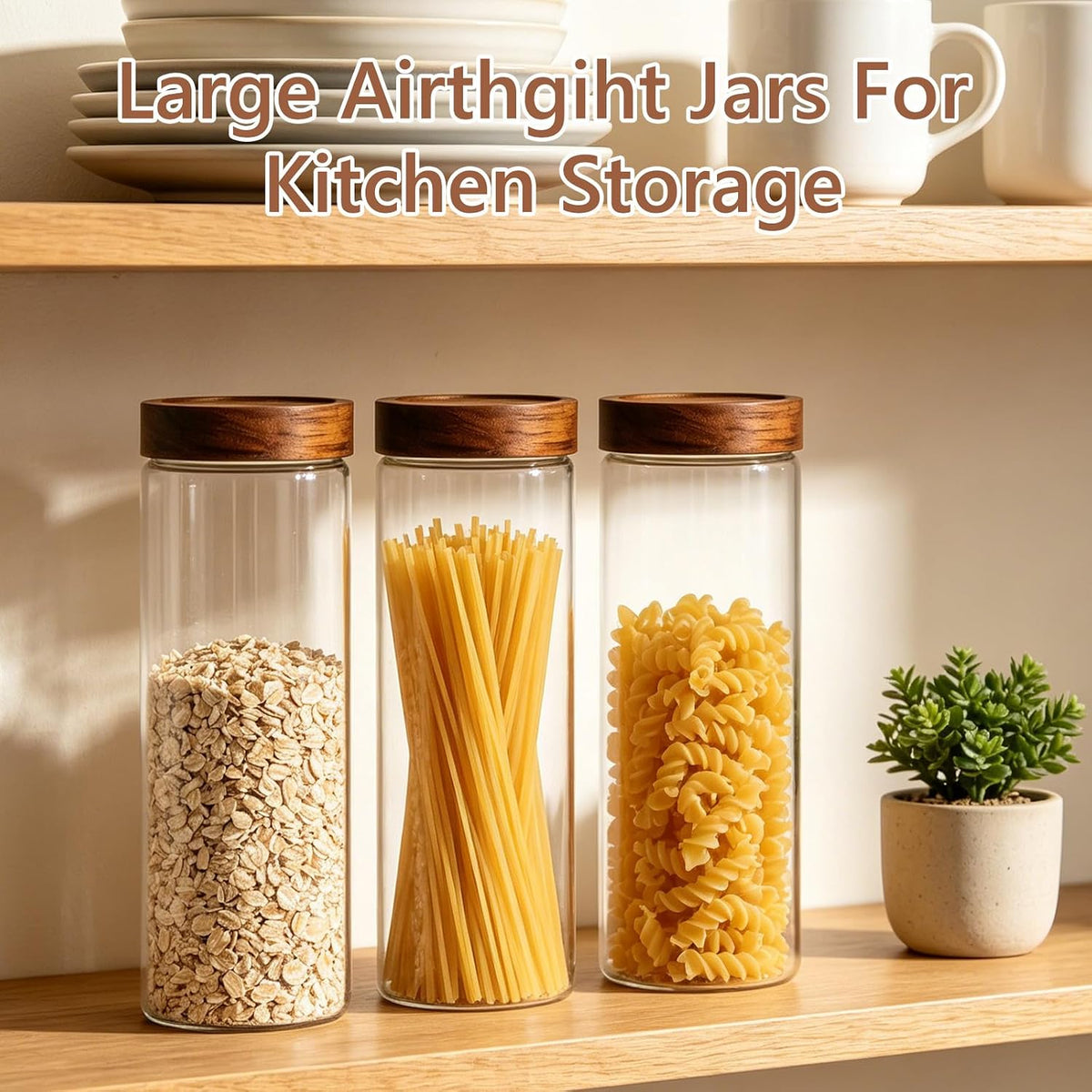 KEYWING 88oz Large Glass Jars with Airtight Acacia Wood Lids, Set of 3 Food Storage Containers for Flour, Sugar, Rice, Pasta, Cereal, Cookies – Includes 126 Labels