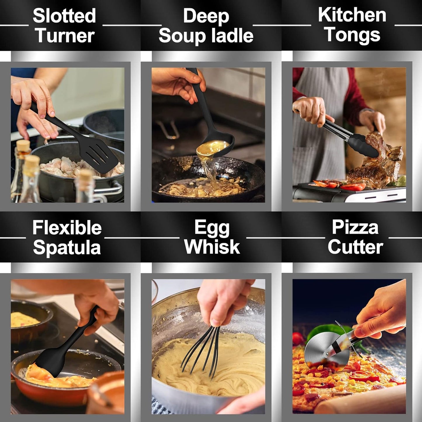 Silicone Kitchen cooking Utensils Set, AIKKIL 43 Pcs Heat Resistant Khaki Cooking Utensils Set, Turner, Tongs, Spoon, Spatula, Kitchen Gadgets Tools Set For Nonstick Cookware(Dishwasher, BPA Free)