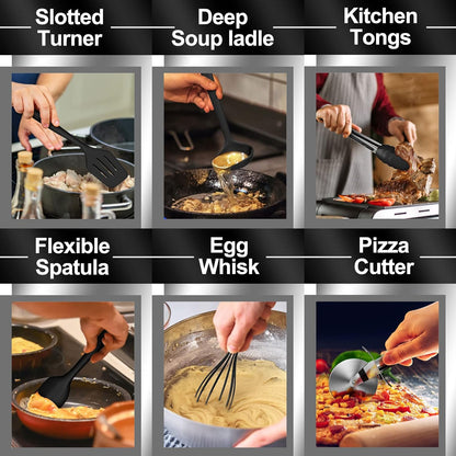 Silicone Kitchen cooking Utensils Set, AIKKIL 43 Pcs Heat Resistant Khaki Cooking Utensils Set, Turner, Tongs, Spoon, Spatula, Kitchen Gadgets Tools Set For Nonstick Cookware(Dishwasher, BPA Free)