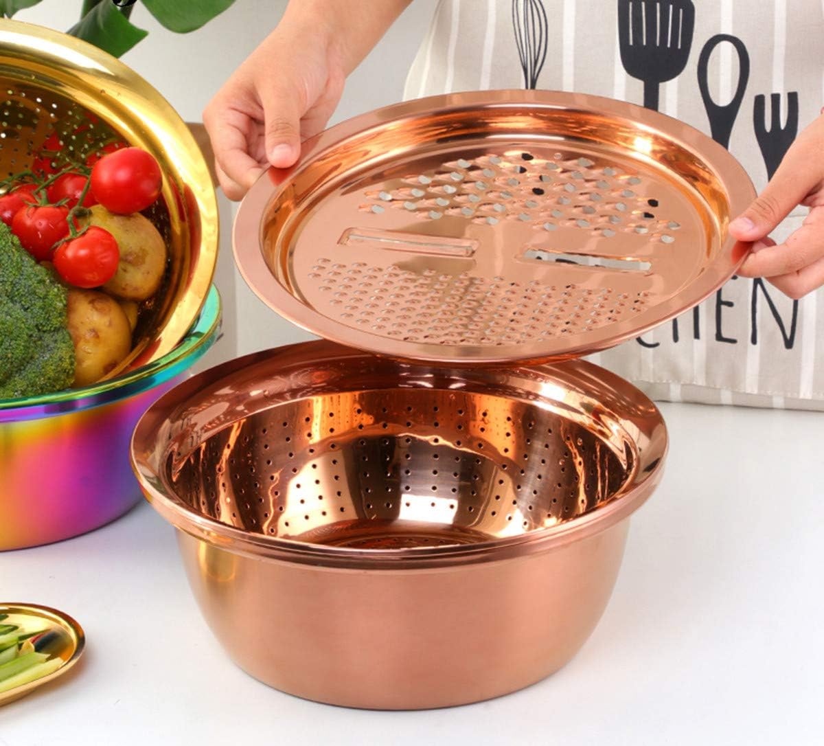 3PC/Set Colander set Stainless Steel Vegetable Slicer Fruit Potato Peeler Carrot Grater Strainer Utensil Round Rice Washer Bowl Drain Basket-Gold