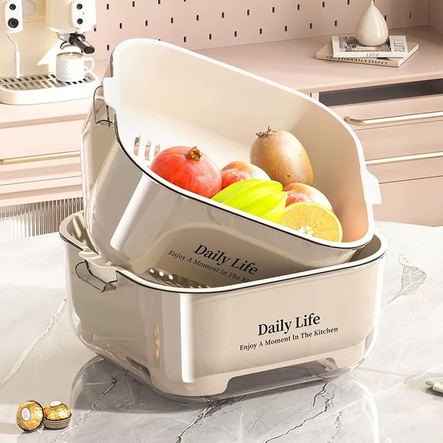 3 Pcs Set Double-Layer Plastic Colander, Large Capacity Food Strainers, Fruits Vegetable Washing Draining Basket, Detachable and Stackable Multi-Layer Strainer Bowl, Easy to Clean for Kitchen (Brown)