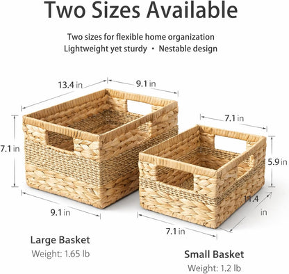Water Hyacinth Baskets, Wicker Storage Baskets with Built-In Handles, Handwoven Natural Fiber Storage Basket Set of 2 for Shelves, Pantry, Bathroom & Closet Organization