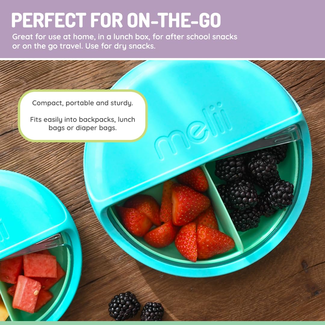 melii Spin Snack Container | 3-Compartment Rotating Snack Box with Sliding Window, BPA-Free, Dishwasher Safe, Portable Snack Container for Kids Ages 3+ (Blue)