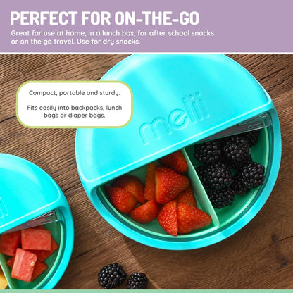 melii Spin Snack Container | 3-Compartment Rotating Snack Box with Sliding Window, BPA-Free, Dishwasher Safe, Portable Snack Container for Kids Ages 3+ (Blue)