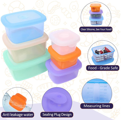 Set of 6 Full Silicone Food Storage Containers With Leakproof Lids, Clear Lunch Boxes, Reusable Meal Prep Bento Snack Boxes, Microwave, Freezer, Dishwasher Safe, BPA Free