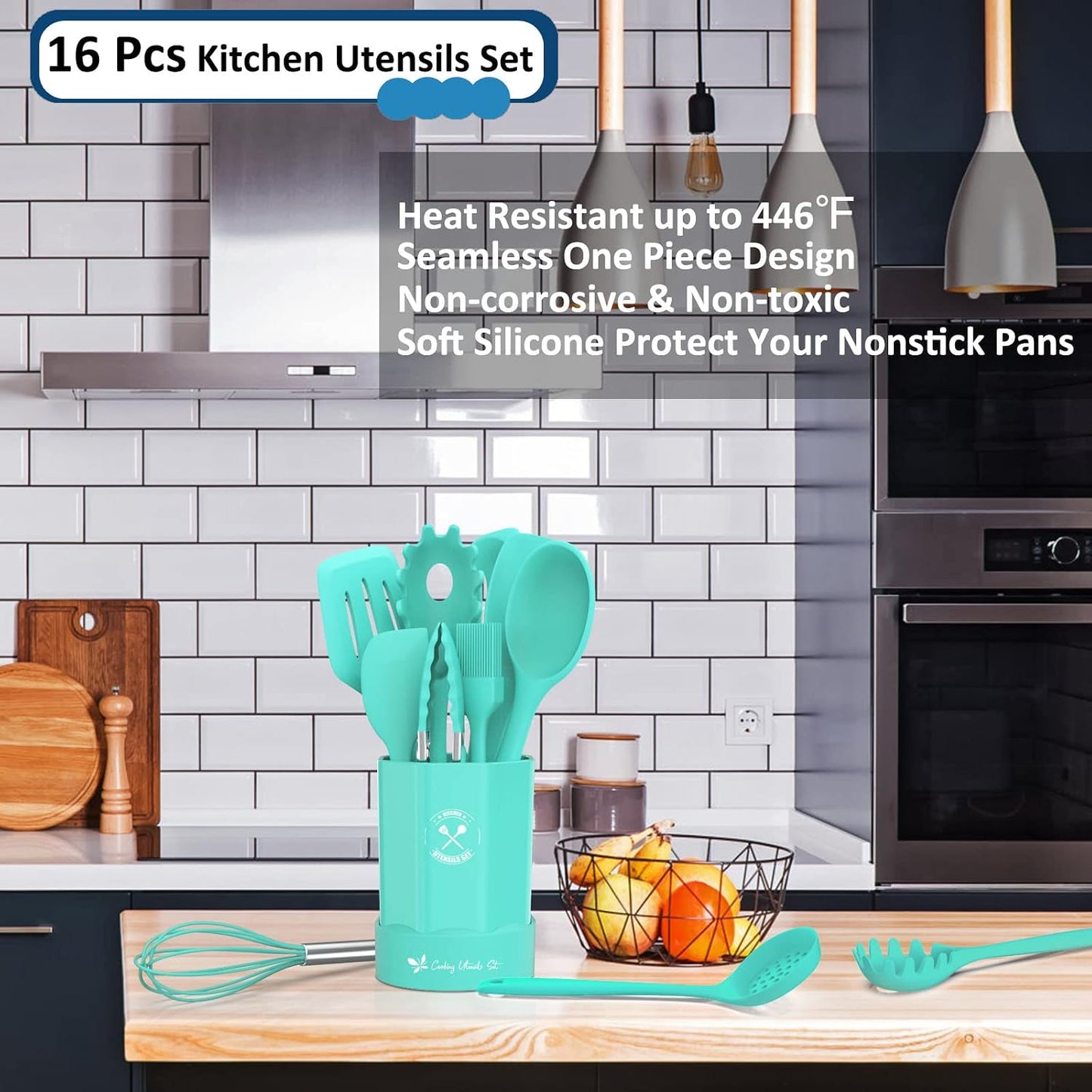 Silicone Kitchen Utensils Set, 16-Piece Silicone Cooking Utensils by Deedro, Heat Resistant Kitchen Tools Set with Holder, Nonstick Spatula Kitchen Gadgets for Cooking & Baking, Colorful