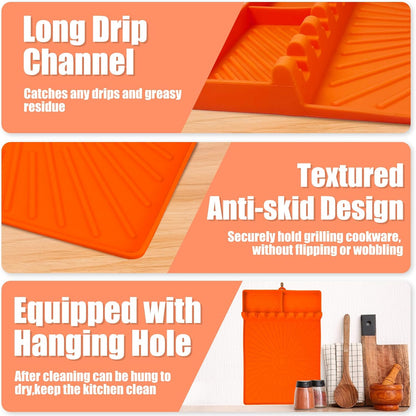 Large Silicone Grill Mat with Drip Pad, Heat Resistant Spatula Holder for Blackstone Side Shelf & Outdoor Kitchen Countertop, Reusable Griddle Accessories for BBQ Enthusiasts and Home Cooks