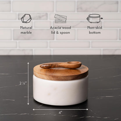 Cork & Mill Marble Salt Cellar with Acacia Wood Lid and Spoon, White
