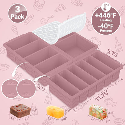 3-Pack Silicone Freezer Trays with Lid,2 Large 2-Cup(500ml)&4 Medium 1-Cup(250ml)&6 Small 1/2-Cup(125ml) Soup Freezer Container Molds,Ice Cube Tray For Meal Prep&Freezing Soup,Stews,Sauces