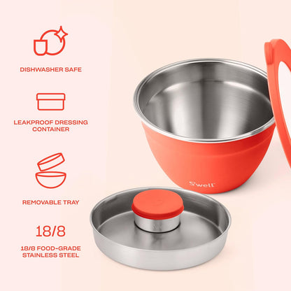 S'well Stainless Steel Salad Bowl Kit 64oz, Peacock Blue, Comes with 2oz Mini Canister and Removable Tray for Organization, Leakproof, Easy to Clean, Dishwasher Safe
