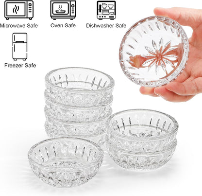 ZEAYEA Set of 8 Glass Dipping Sauce Cup, 2 oz Stackable Mini Glass Pinch Bowls for Spices, Condiments, Snack, Clear Floral Relief Design Small Prep Bowls for Kitchen, Party, Gift, Dishwasher Safe