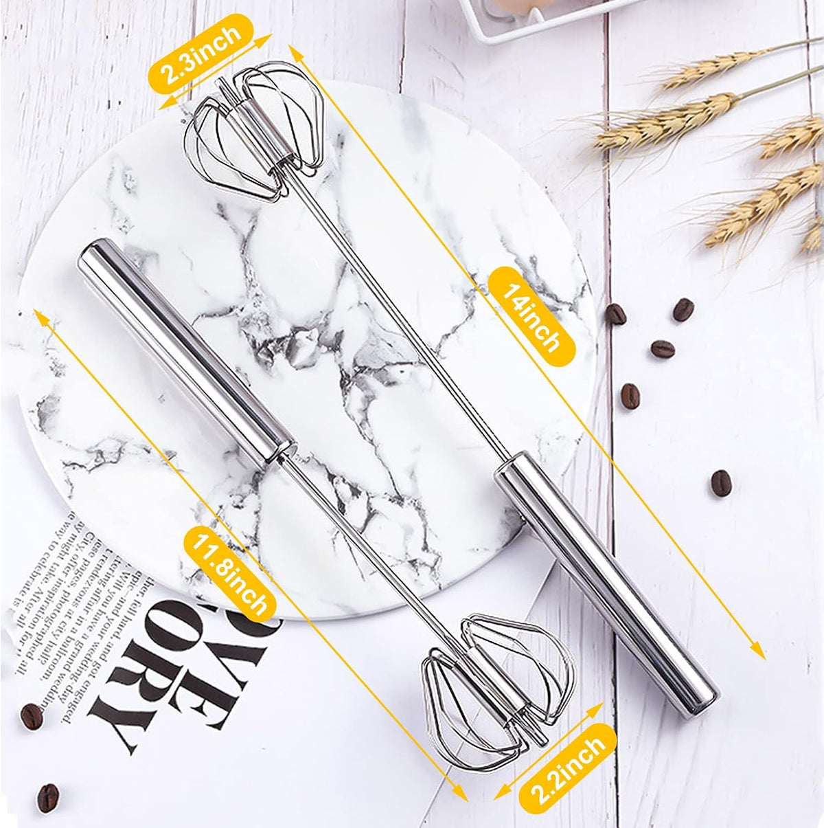 Egg Whisk,2 Pack Stainless Steel Home Kitchen Tool, Hand Easy Whisk Egg Beater Manual Mixer Blender for Whisking, Beating & Stirring (14 Inch and 10 Inch)