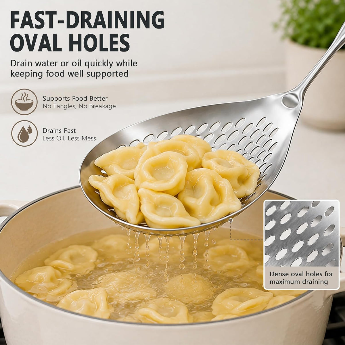 KAYCROWN Skimmer Slotted Spoon, 304 Stainless Steel Skimmer Ladle Spoon Spider Strainer for Cooking and Frying, Pasta Strainer Spoon Frying Kitchen Cooking Colander