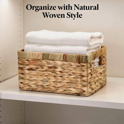 Water Hyacinth Storage Basket, Hand Woven Organizer Bin with Handles for Desktop, Cabinets, Shelves, Snack Organization, Decorative Home Storage, 11 x 7 x 6 in, 28.5 x 18 x 14 cm