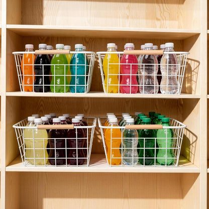 Wire Basket 4 Pcs Wire Storage Baskets Wire Baskets Organizing with Wooden Handles Wire Basket Pantry Organization and Storage Metal Wire Food Storage Basket for Kitchen, Cabinets (Black 4PCS)
