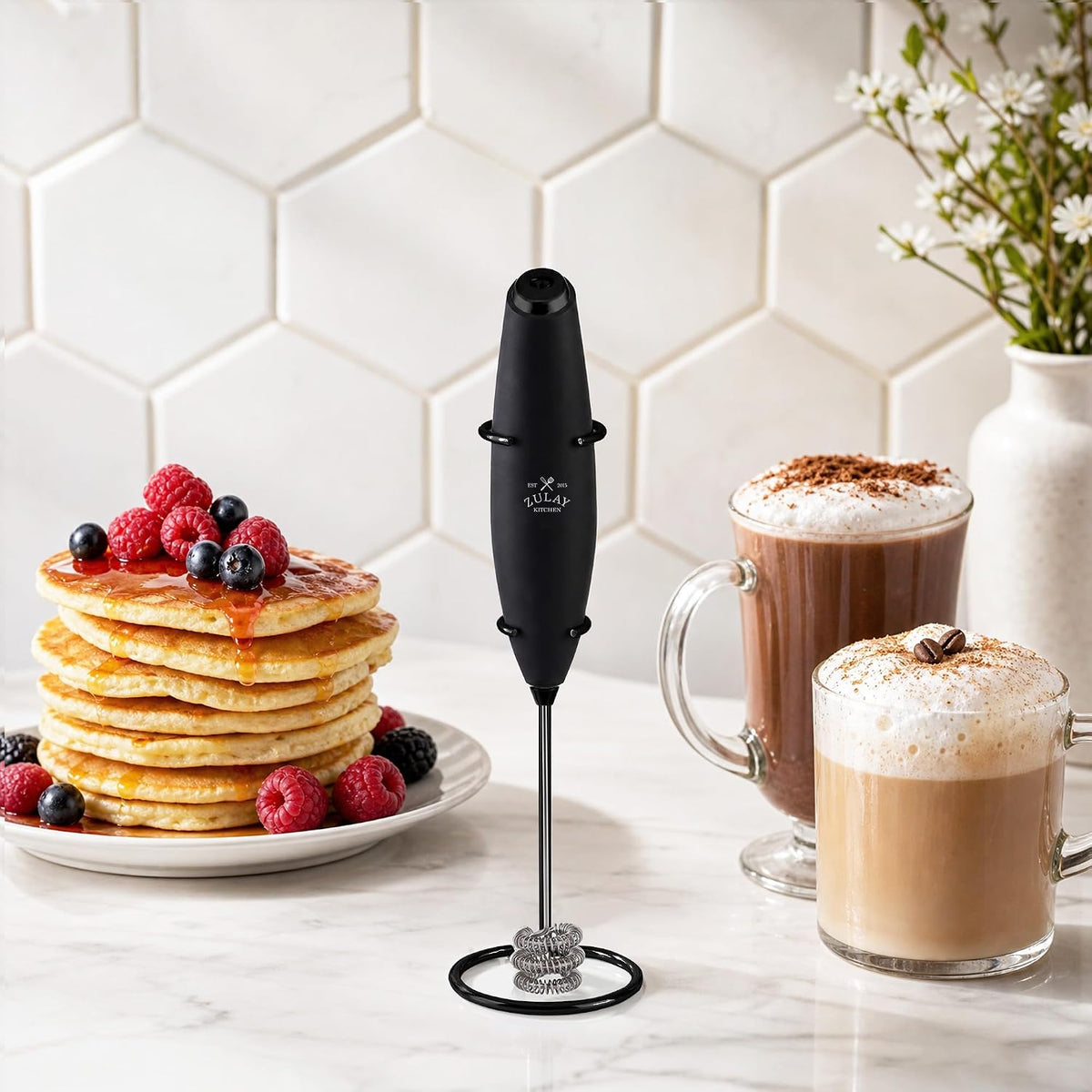 Zulay Kitchen Rechargeable Milk Frother Handheld - Frother Wand, Drink Mixer, Electric Whisk Frother, for Cappuccinos, Matcha & Protein Powder - Dynamic 3 Whisk, 3 Speed 500mAh Black - Colors C