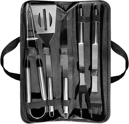 PTAPIPI 5-Piece Stainless Steel Grill Tool Set with Carry Bag – BBQ Utensils for Him, Young Men, Camping & Tailgating, Budget-Friendly Barbeque Gift