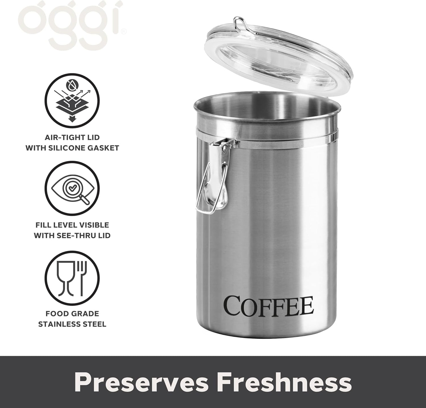 Oggi Stainless Steel Sugar Canister 62 fl oz - Airtight Clamp Lid, Clear See-Thru Top - Ideal Sugar Container for Countertop, Sugar Jar, Bulk Sugar Storage. Large Size 5" x 7.5".