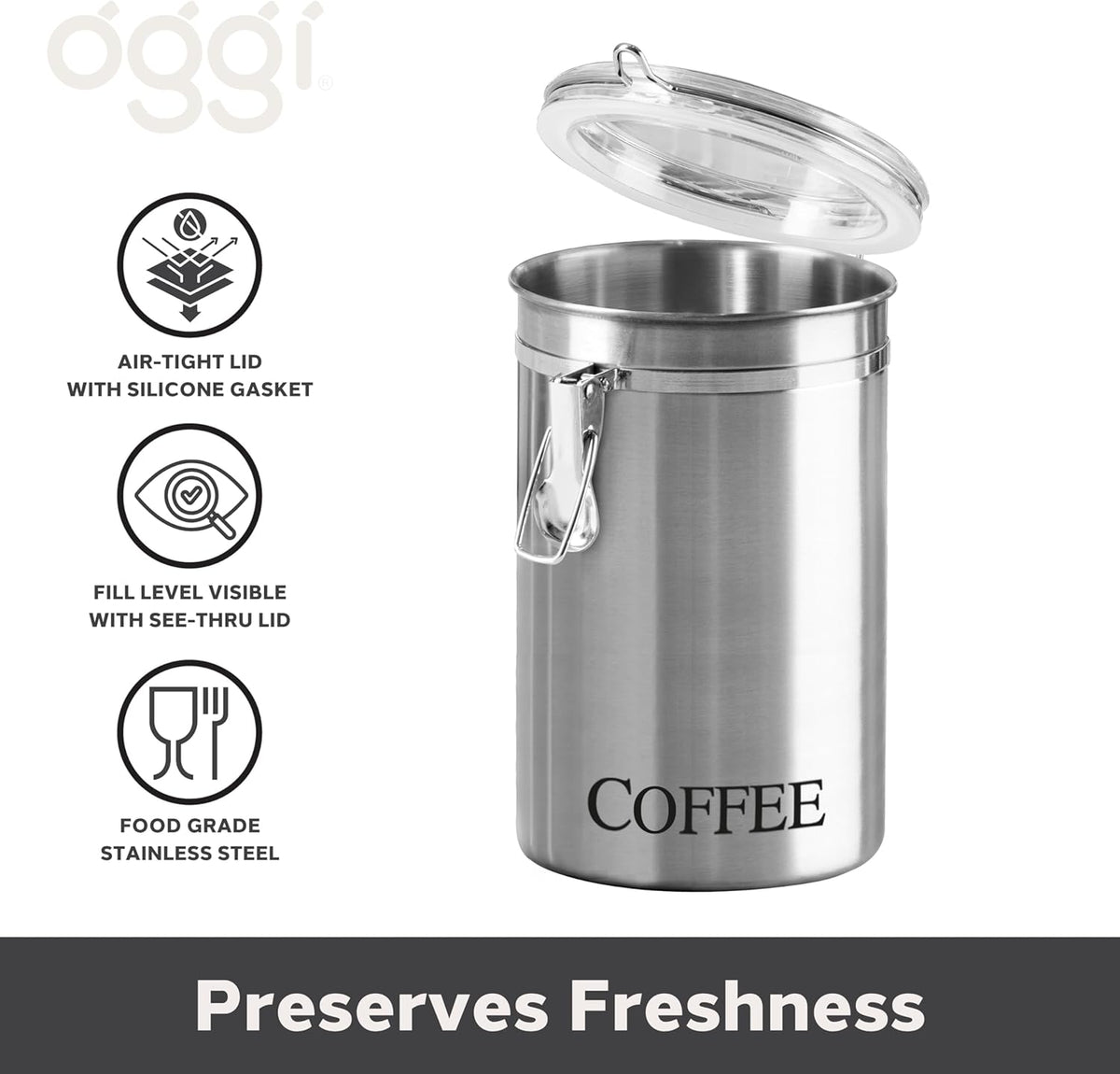 Oggi Stainless Steel Sugar Canister 62 fl oz - Airtight Clamp Lid, Clear See-Thru Top - Ideal Sugar Container for Countertop, Sugar Jar, Bulk Sugar Storage. Large Size 5" x 7.5".