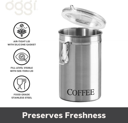 Oggi Stainless Steel Sugar Canister 62 fl oz - Airtight Clamp Lid, Clear See-Thru Top - Ideal Sugar Container for Countertop, Sugar Jar, Bulk Sugar Storage. Large Size 5" x 7.5".