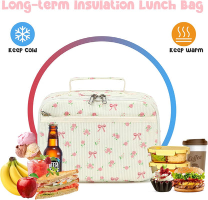 Bluboon Insulated Lunch Bag for Girls & Boys, Corduroy School Lunch Box with Cooler & Organizer Compartments, Leak-Proof Lunch Tote for School, Travel (Corduroy Strawberries Beige)
