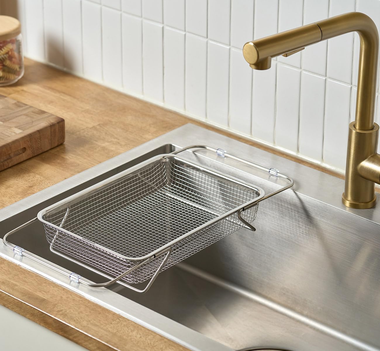 WAGENSTEIGER Extendable Dish Rack with Feet, Vegetable Colander Basket, Stainless Steel Dish or Silverware Drying Rack, Ultimate Kitchen Organizer Over the Sink (11.81 x 8.27 x 2.76 Inches)