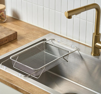 WAGENSTEIGER Extendable Dish Rack with Feet, Vegetable Colander Basket, Stainless Steel Dish or Silverware Drying Rack, Ultimate Kitchen Organizer Over the Sink (11.81 x 8.27 x 2.76 Inches)