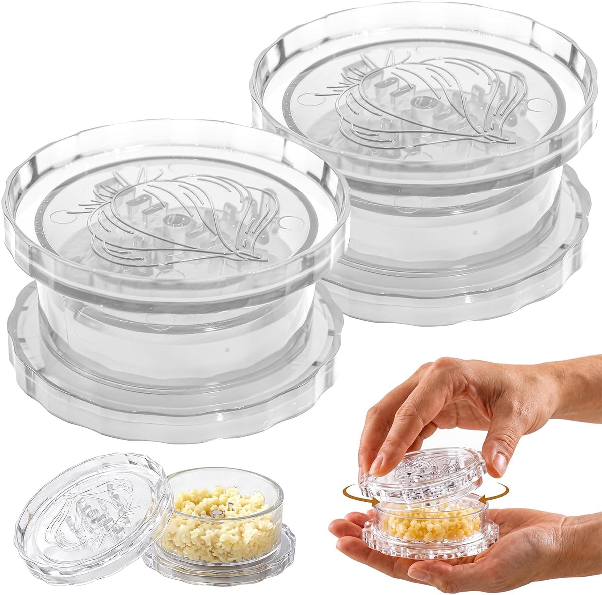 2 Pack Transparent Garlic Press, Manual Garlic Crusher and Mincer—Plastic Garlic Grinder and Chopper, rotary chopper suitable for garlic, chili peppers, compact and space-saving