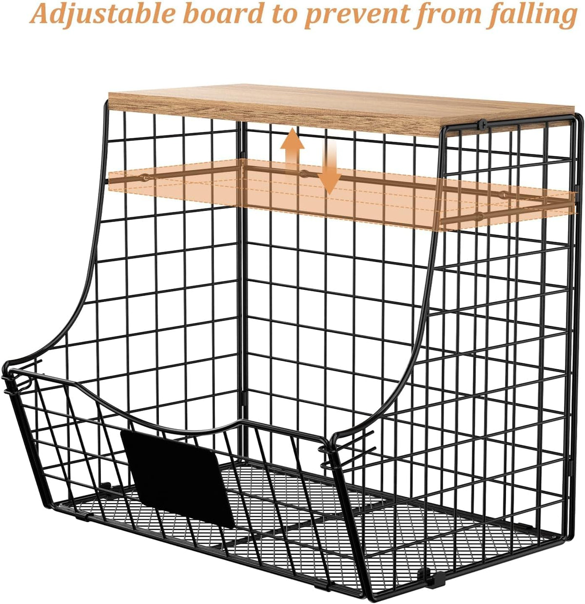 3 Pack Extra Large Fruit Basket for Kitchen with Wood Lid Nameplate - Counter&Wall Mounted Onion and Potato Storage Bin, Stackable Metal Hanging Wire Baskets,15.74 * 8.66 * 10.63 inch