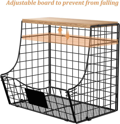 3 Pack Extra Large Fruit Basket for Kitchen with Wood Lid Nameplate - Counter&Wall Mounted Onion and Potato Storage Bin, Stackable Metal Hanging Wire Baskets,15.74 * 8.66 * 10.63 inch
