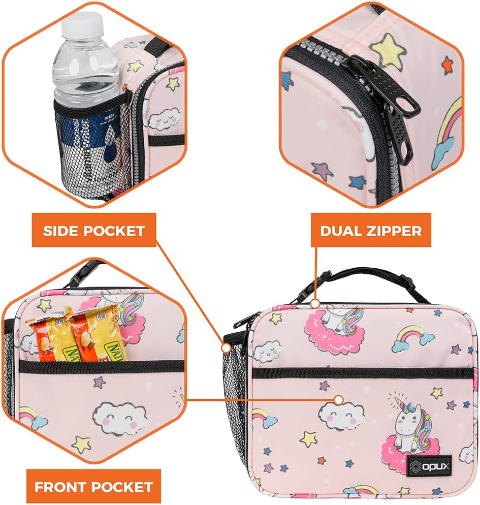 opux Insulated Lunch Bag Kids, Lunch Box for School Boy Girl, Leakproof Small Reusable Compact Soft Mini Cooler Bag, Toddler Small Lunch Boxes Kit Pail with Front Side Pockets (Purple)