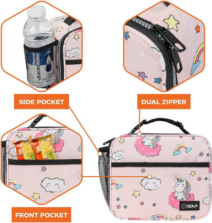 opux Insulated Lunch Bag Kids, Lunch Box for School Boy Girl, Leakproof Small Reusable Compact Soft Mini Cooler Bag, Toddler Small Lunch Boxes Kit Pail with Front Side Pockets (Purple)