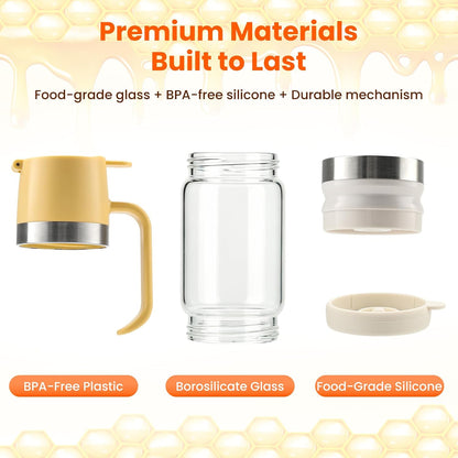 Glass Honey Dispenser Push-Button with Handle (Yellow), No Drip Glass Jar, Leak-Proof Bottom: One-Handed Press to Serve Honey or Syrup onto Coffee, Tea, Pancakes & Desserts (Yellow, 9, ounces)