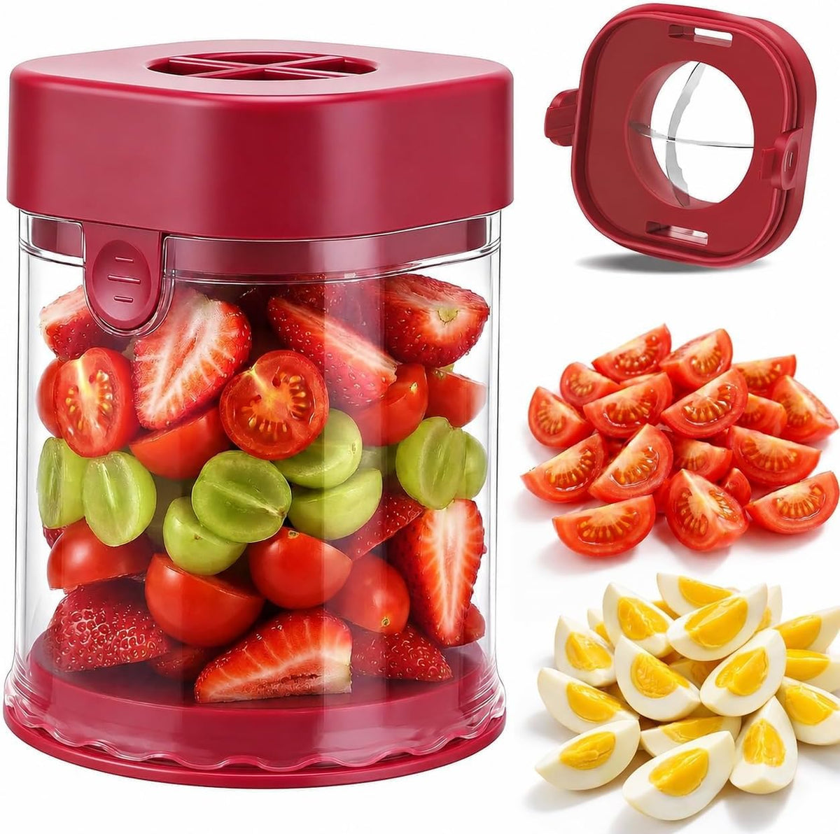 Hendiy Fruit Slicer Cup, Strawberry Slicer Cutter Tool, Grape Slicer Cutter, Multifunctional Fruit Chopper Cup & Cup Slicer for Strawberry, Grape, Cherry Tomato, Kitchen Gadget for Salad (Red)