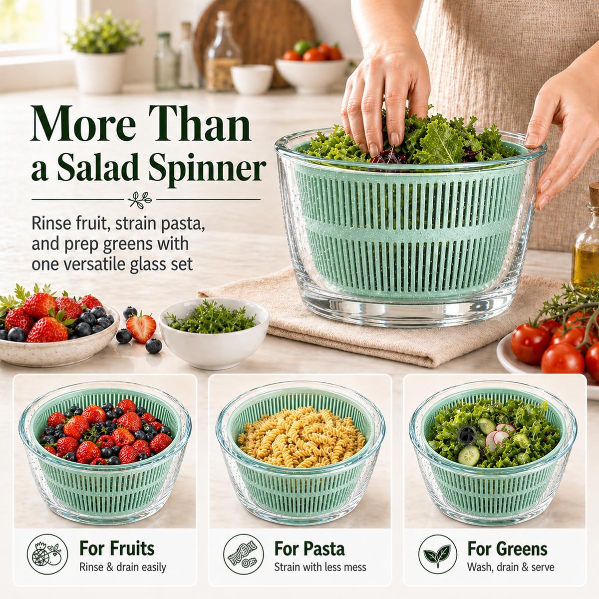 Large 5.2 Qt Glass Salad Spinner with Storage Lid Glass Bowl Black