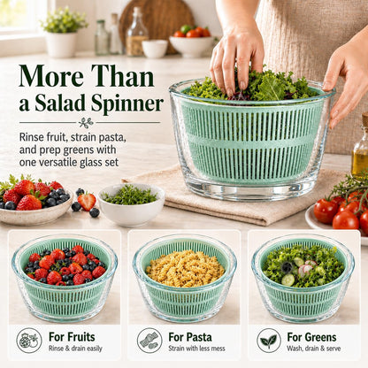 Large 5.2 Qt Glass Salad Spinner with Storage Lid Glass Bowl Black