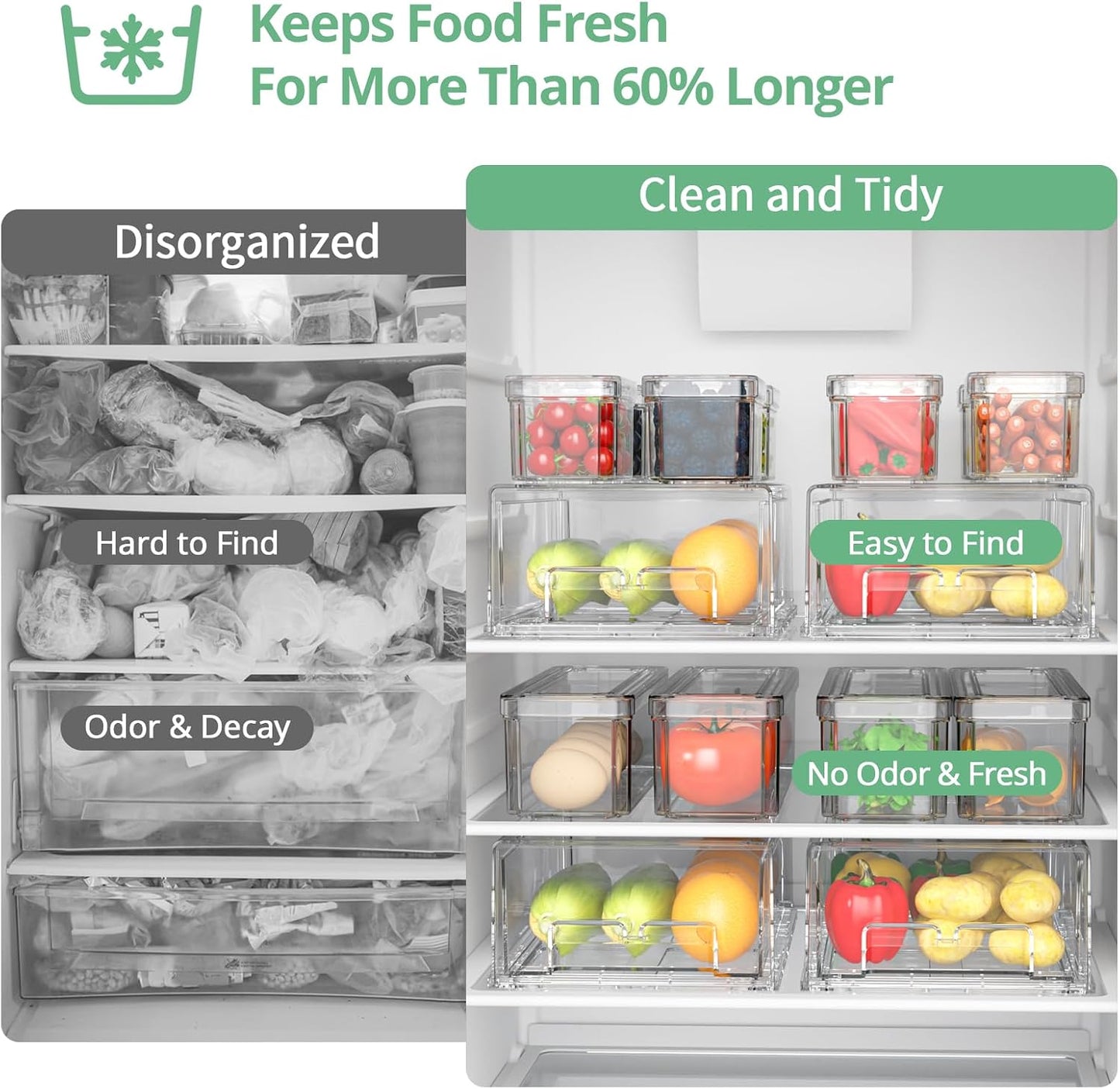 damynuo 16Pcs Fridge Organizer Bins, Clear Refrigerator Organizing Containers with Lids and Refrigerator Drawers, Stackable Food, Vegetable and Fruit Containers for Fridge Organizers and Storage